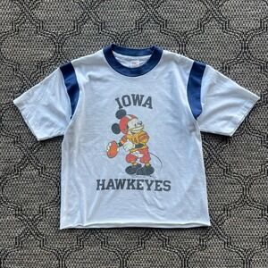 Vintage Iowa Hawkeyes T-Shirt Mens M White Ringer Crop Mickey Mouse 70s 80s